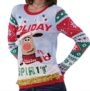 Womens Christmas Reindeer Sweater Size Small Blue Red Sequins Spirit Fringe Work